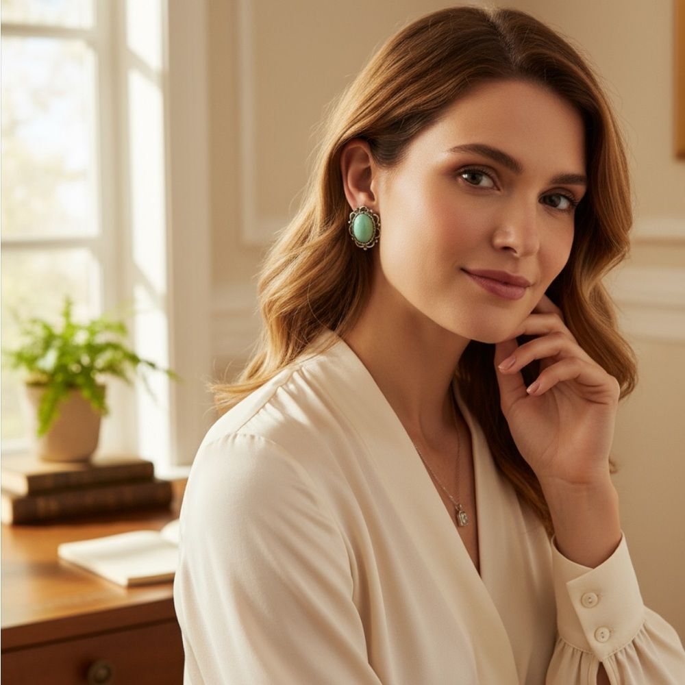 Vintage Green Cabochon Clip-On Earrings Silver-Tone Ornate Frame Retro